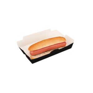 hot dog dans une boite carton noire ouverte