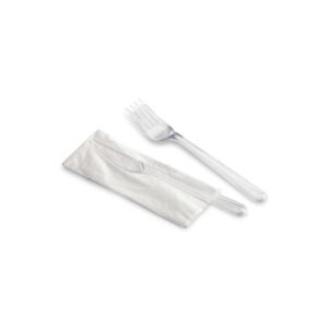 kits couverts en plastique transparent, couteau et fourchette et serviette