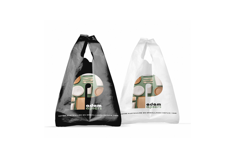 sac bretelles blanc et noir avec logo padam papiers, votre grossiste en emballage alimentaire